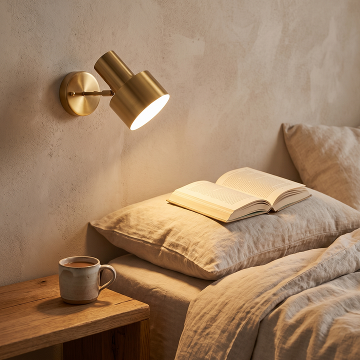 OUDELADI Nordic Brass Rotatable Bedside Wall Sconce above a linen bed