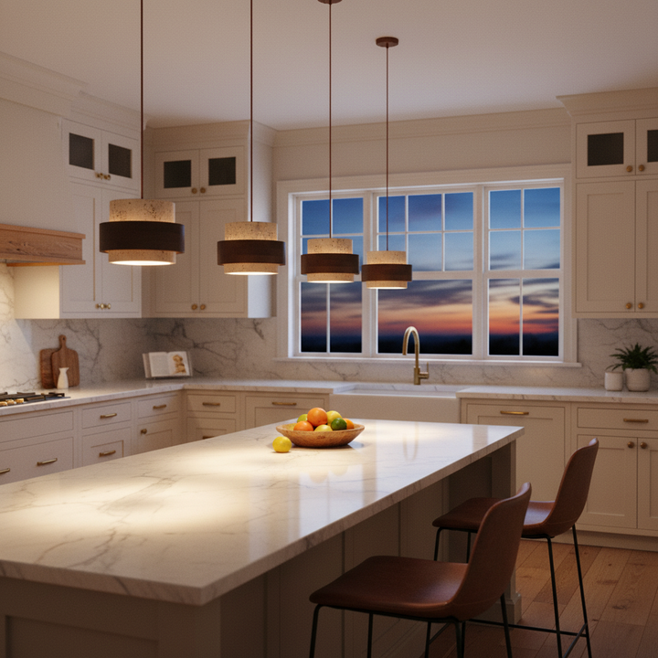 Four Perra travertine pendants in a row over a marble kitchen island at dusk